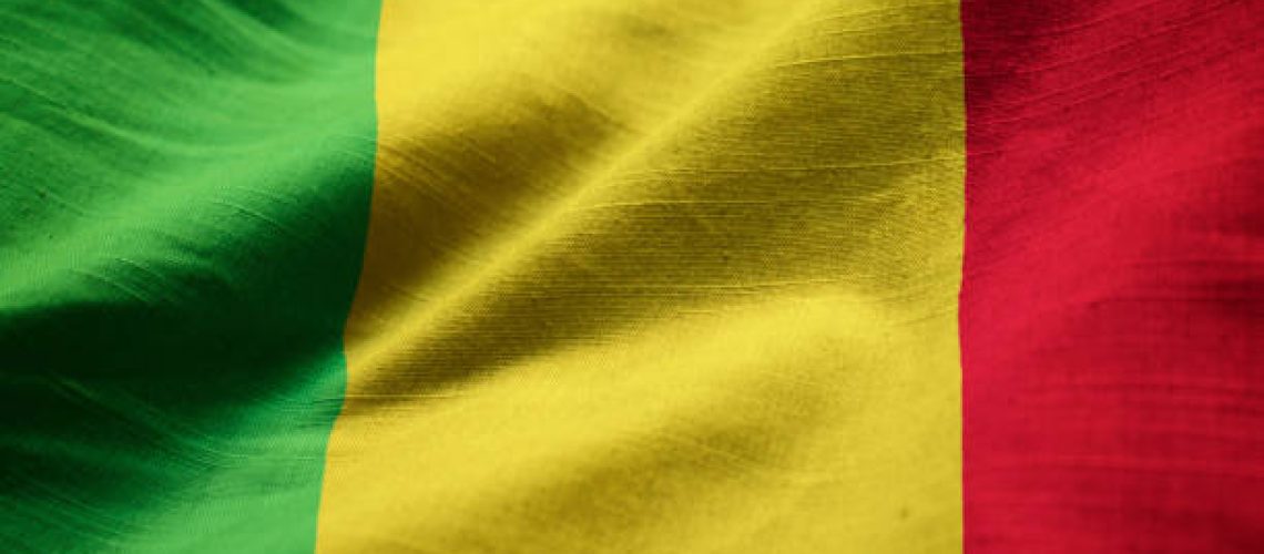 Closeup of Ruffled Mali Flag, Mali Flag Blowing in Wind